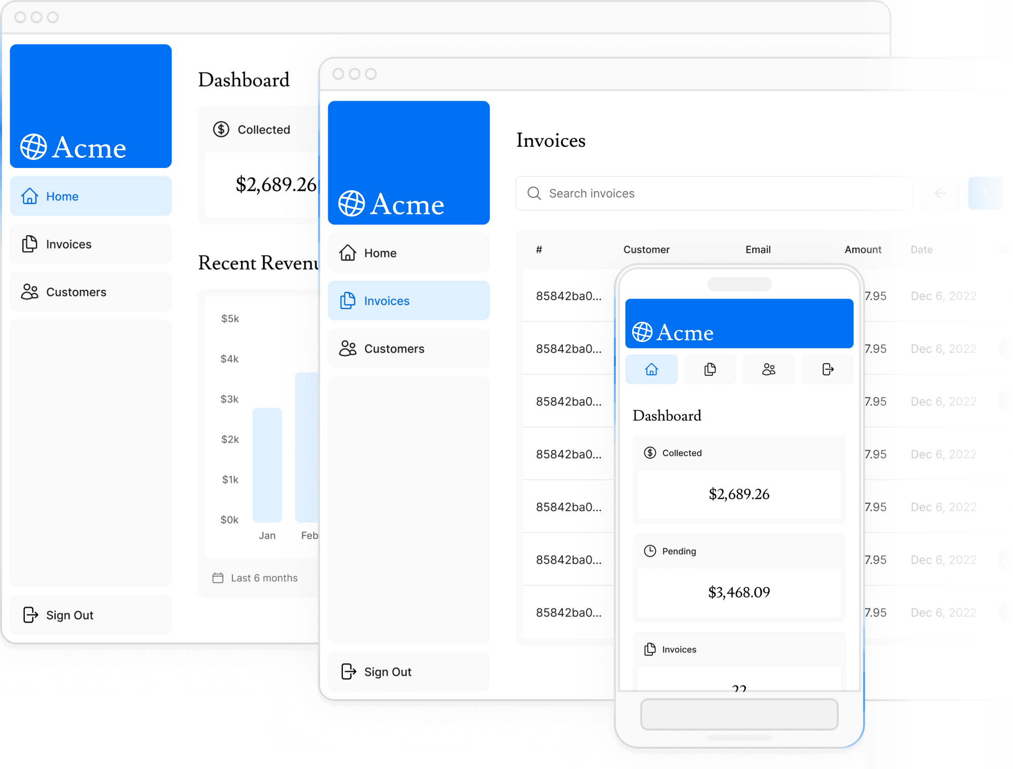 Screenshots of the dashboard project showimg desktop version